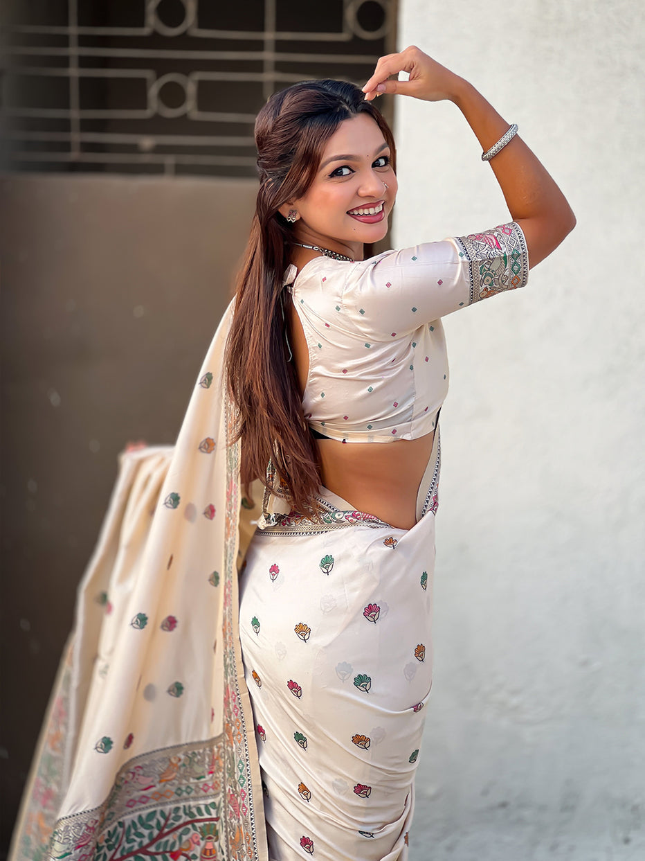 Cream Pure Soft Baluchari Silk Zari Meenakari Saree