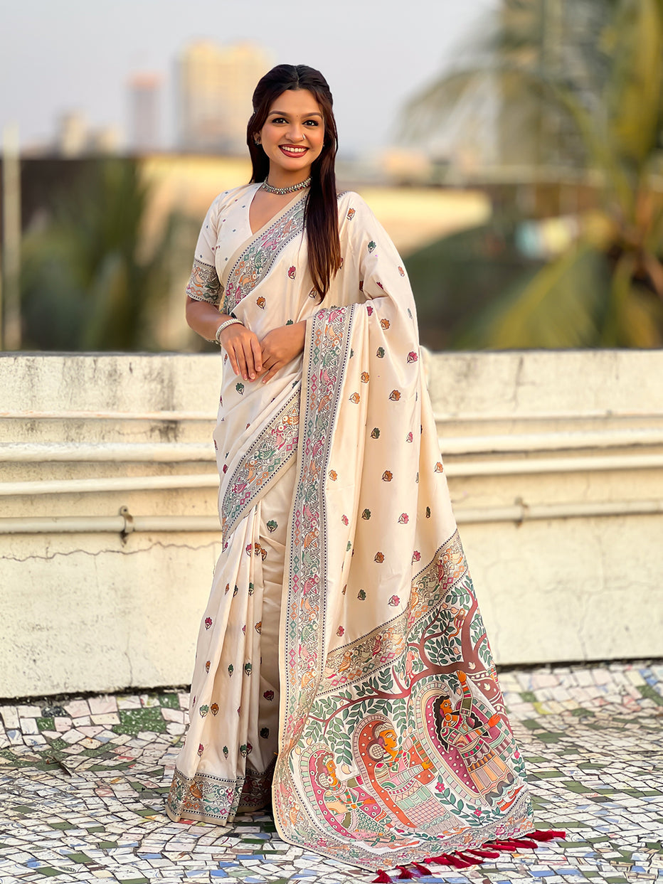 Cream Pure Soft Baluchari Silk Zari Meenakari Saree Banarasi Saree Anant Tex Exports Pvt.Ltd..