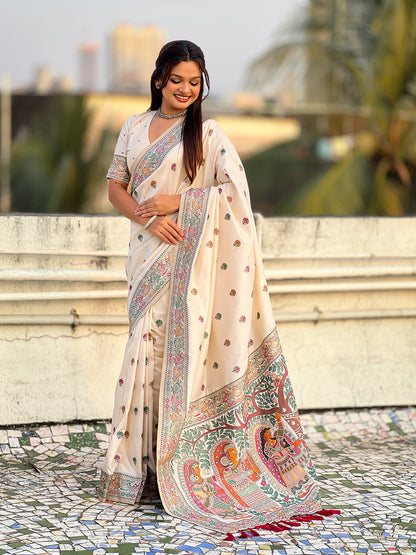 Cream Pure Soft Baluchari Silk Zari Meenakari Saree Banarasi Saree Anant Tex Exports Pvt.Ltd..