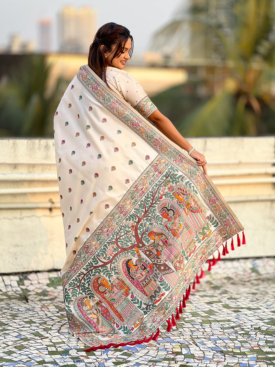 Cream Pure Soft Baluchari Silk Zari Meenakari Saree