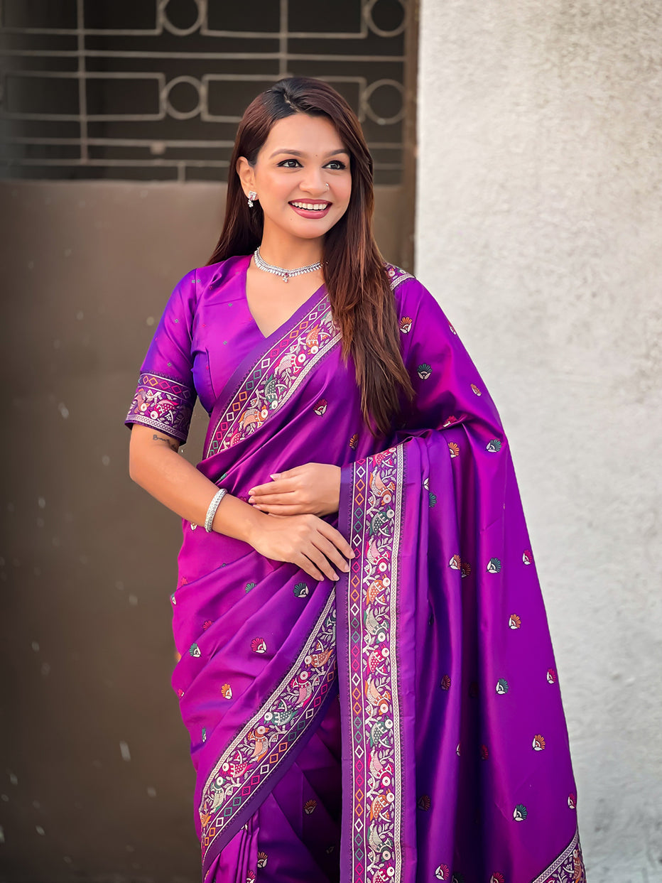 Purple Pure Soft Baluchari Silk Zari Meenakari Saree