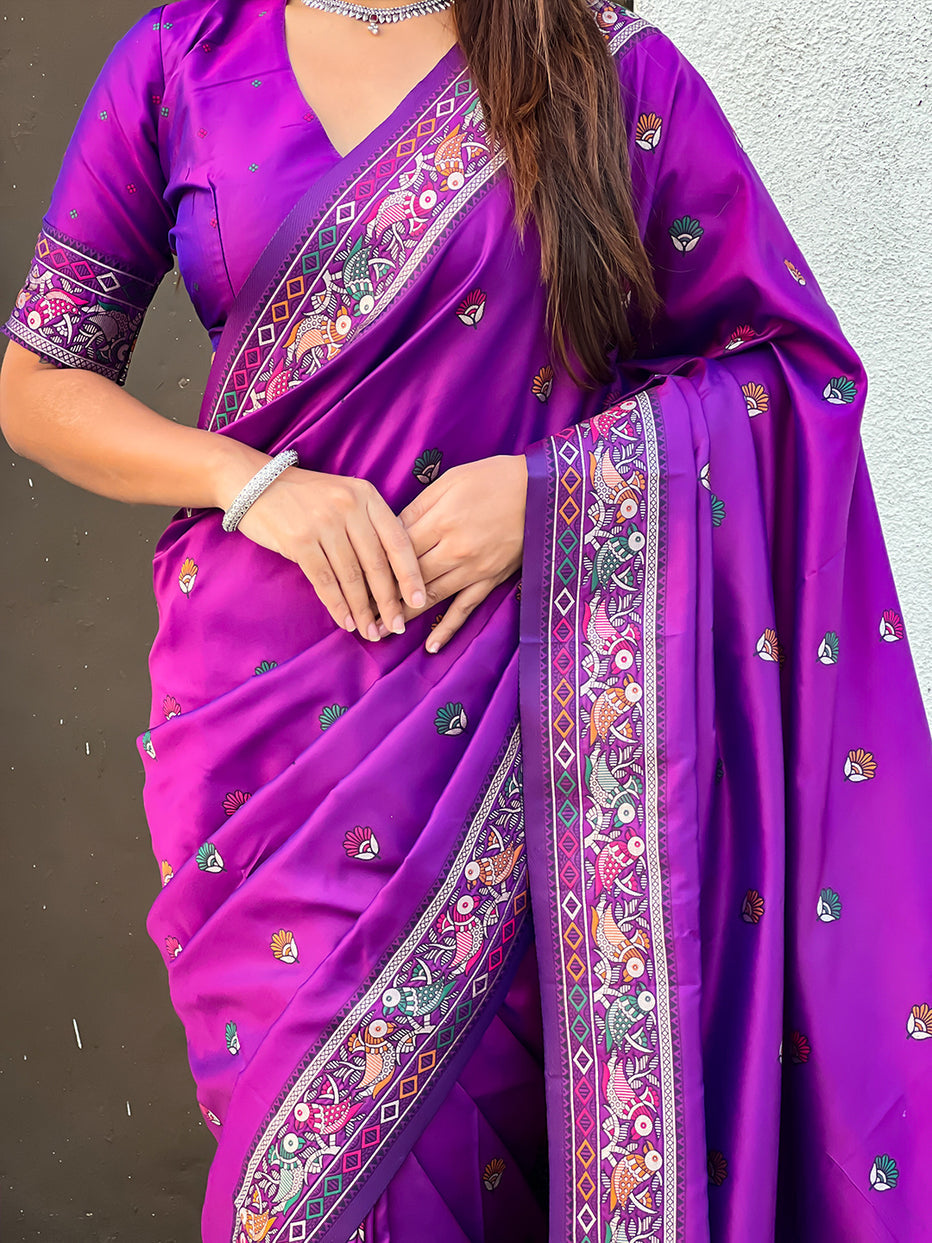 Purple Pure Soft Baluchari Silk Zari Meenakari Saree