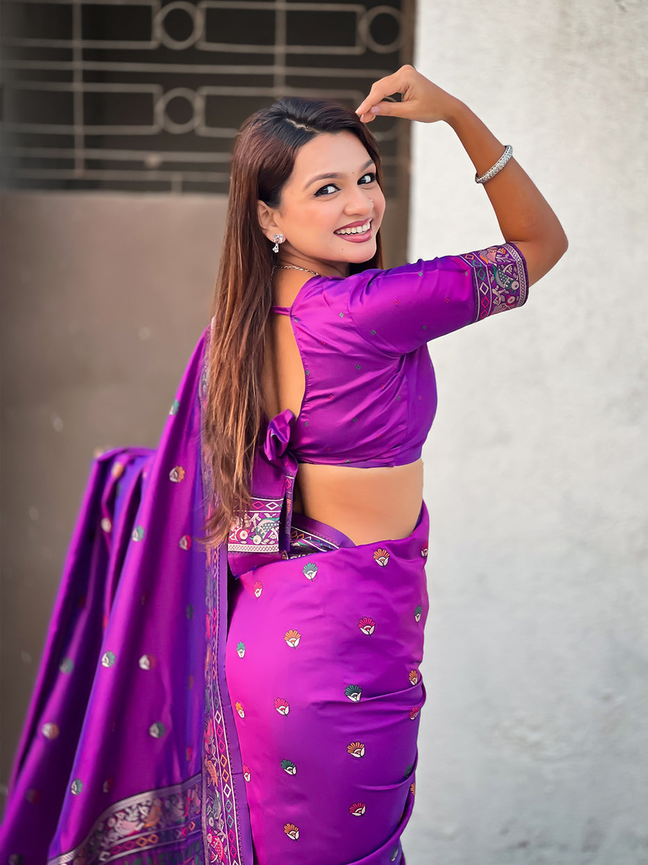 Purple Pure Soft Baluchari Silk Zari Meenakari Saree