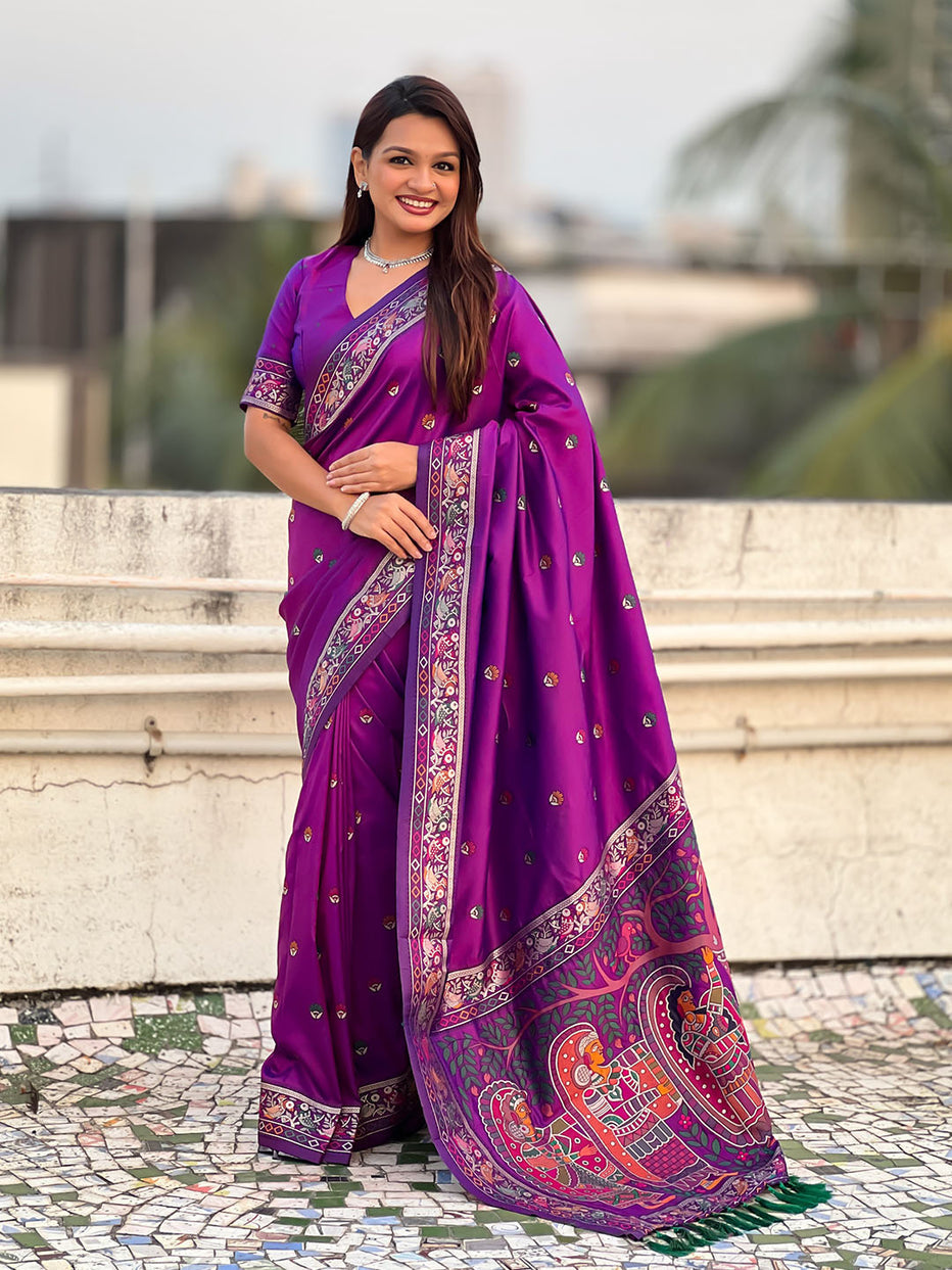 Purple Pure Soft Baluchari Silk Zari Meenakari Saree