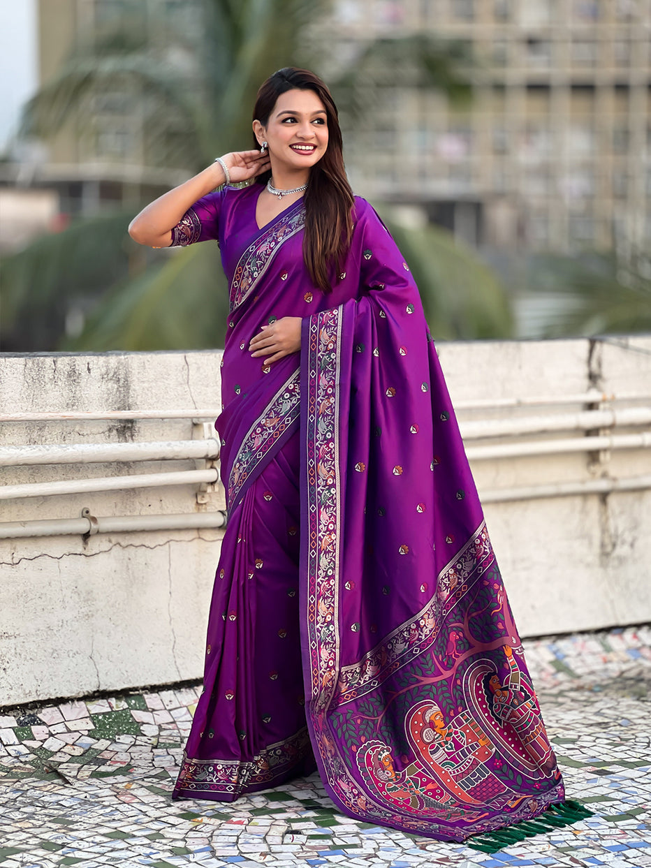 Purple Pure Soft Baluchari Silk Zari Meenakari Saree