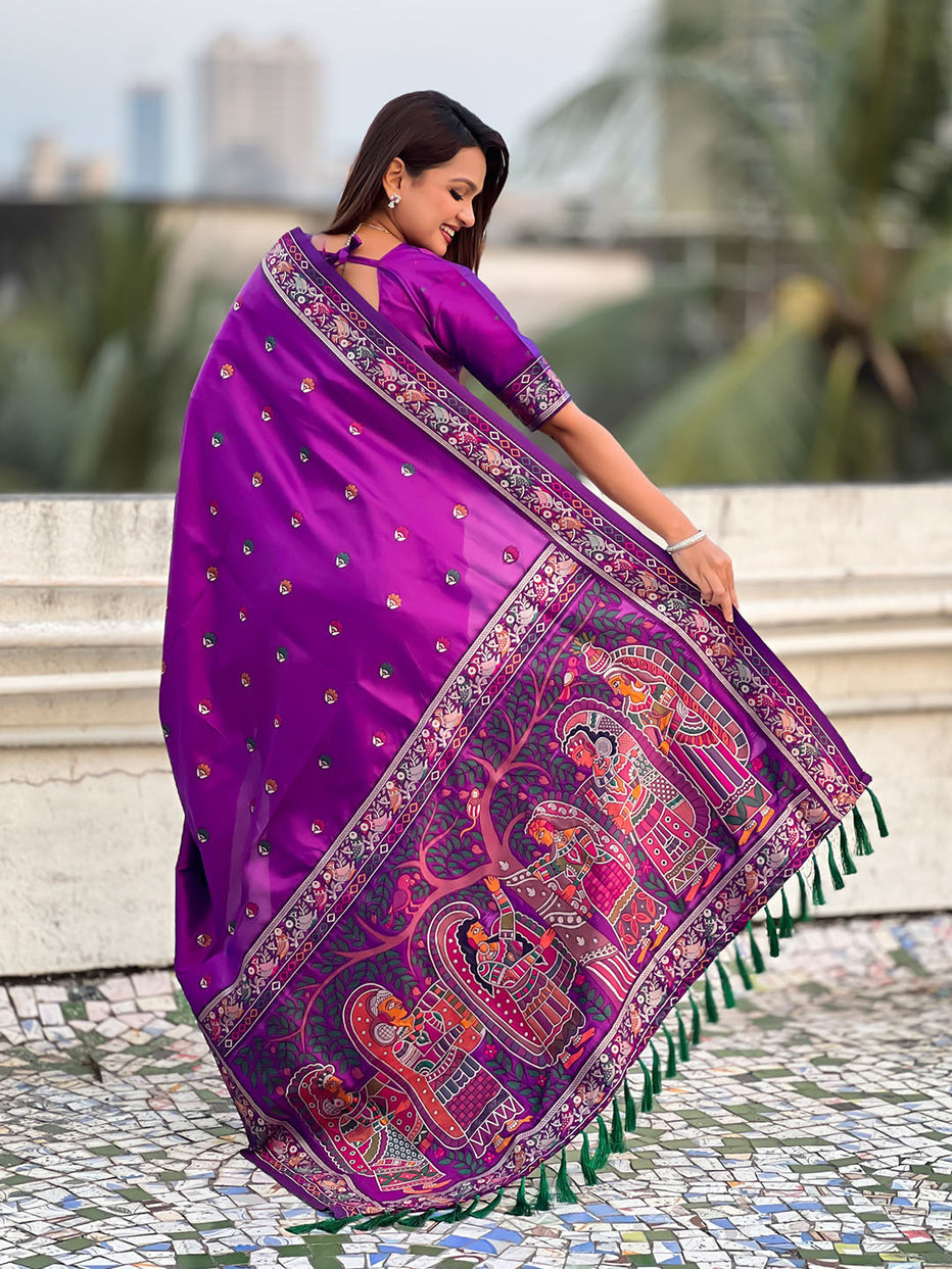 Purple Pure Soft Baluchari Silk Zari Meenakari Saree