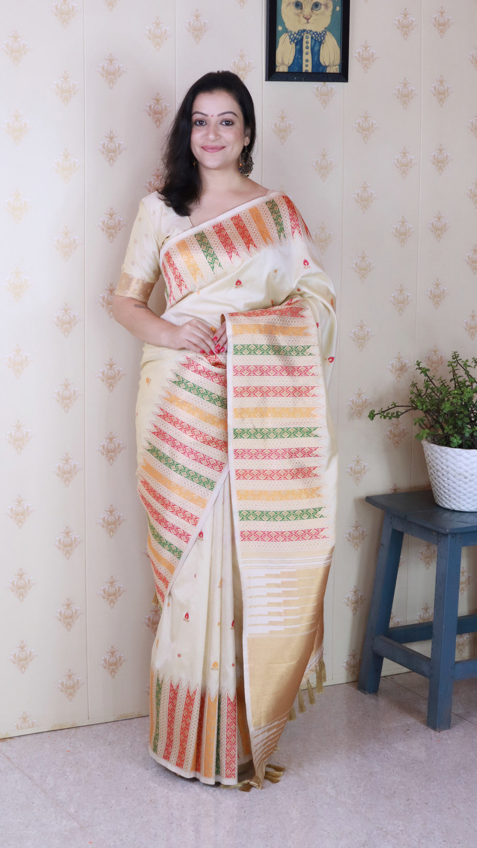 Cream Soft Silk Meenakari Zari Woven Saree Banarasi Saree Anant Tex Exports Pvt.Ltd..