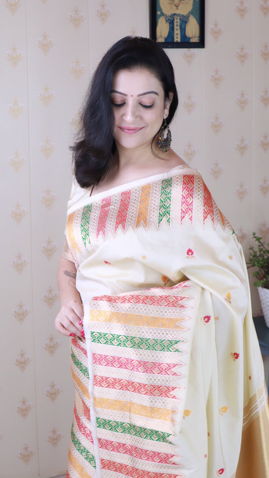 Cream Soft Silk Meenakari Zari Woven Saree Banarasi Saree Anant Tex Exports Pvt.Ltd..