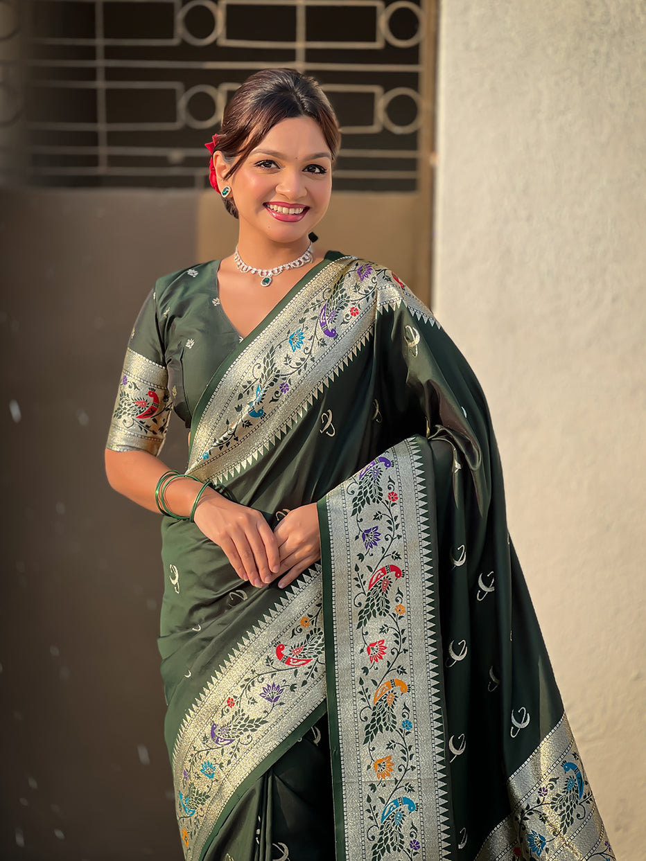 Mehendi Green Pure Chandrakor Paithani Silk Banarasi Zari Saree 