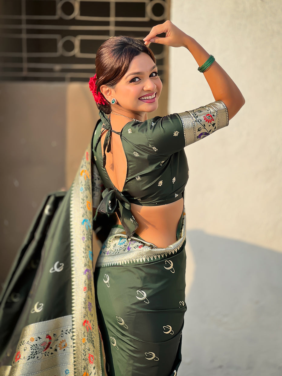Mehendi Green Pure Chandrakor Paithani Silk Banarasi Zari Saree 