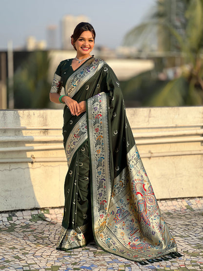 Mehendi Green Pure Chandrakor Paithani Silk Banarasi Zari Saree 