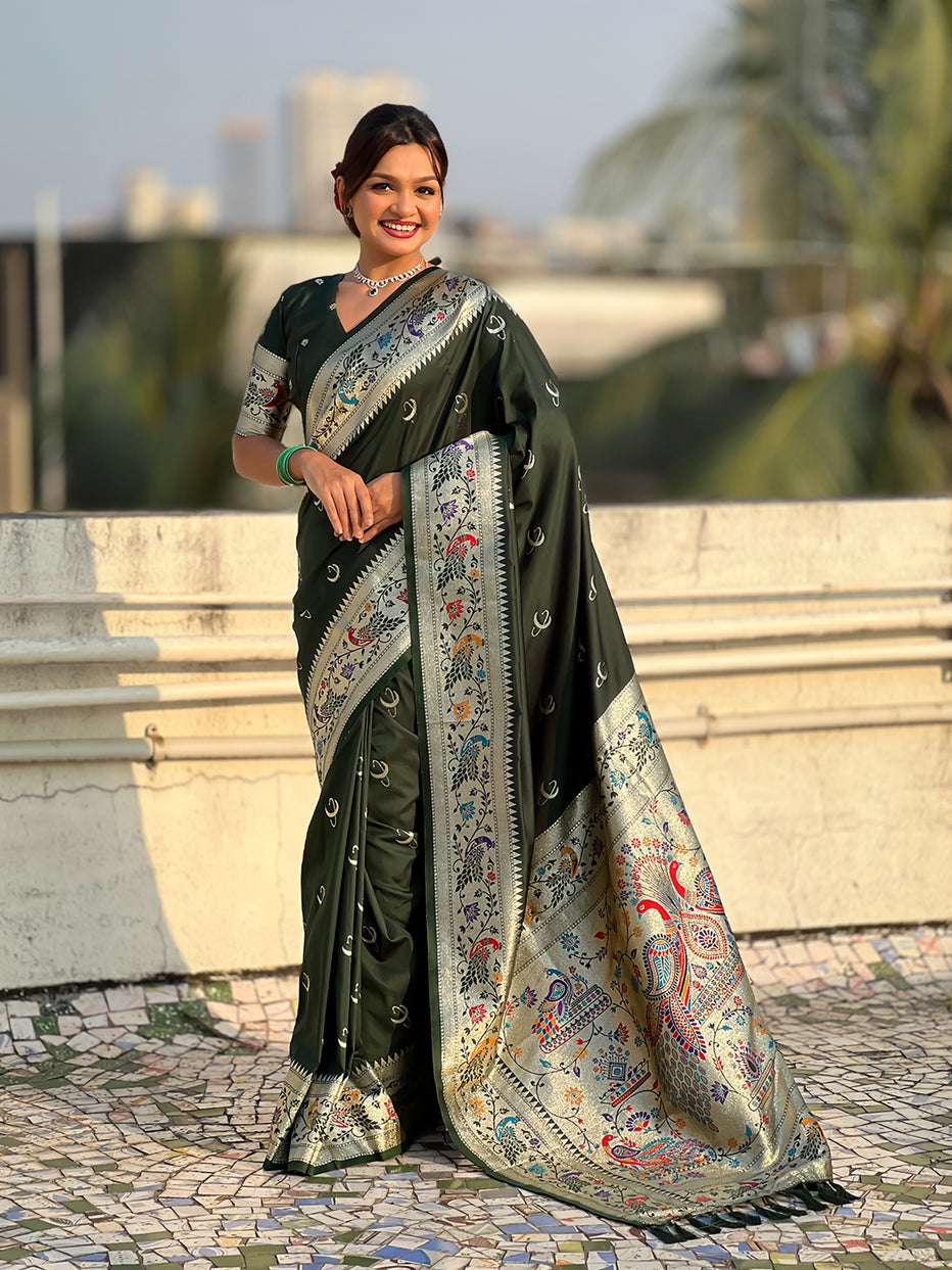 Mehendi Green Pure Chandrakor Paithani Silk Banarasi Zari Saree
