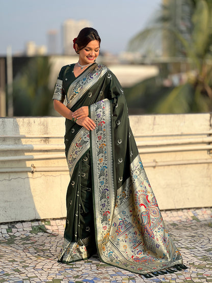 Mehendi Green Pure Chandrakor Paithani Silk Banarasi Zari Saree 