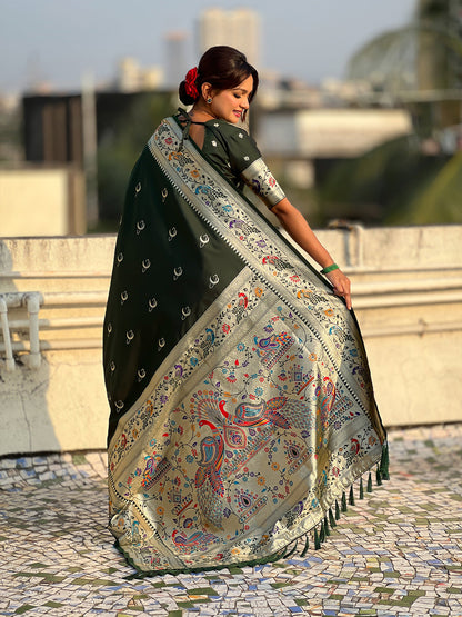 Mehendi Green Pure Chandrakor Paithani Silk Banarasi Zari Saree 