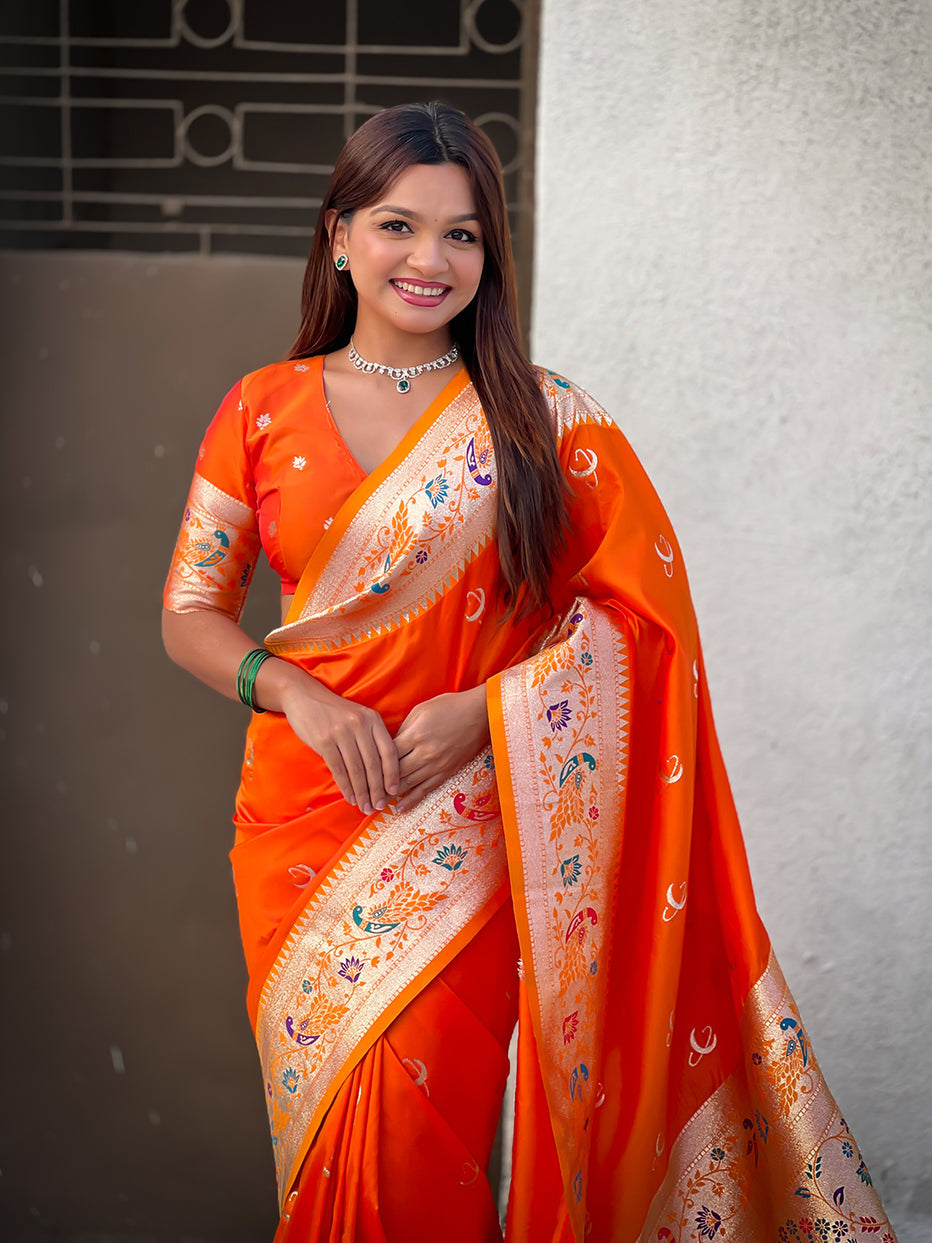 Orange Pure Chandrakor Paithani Silk Banarasi Zari Saree