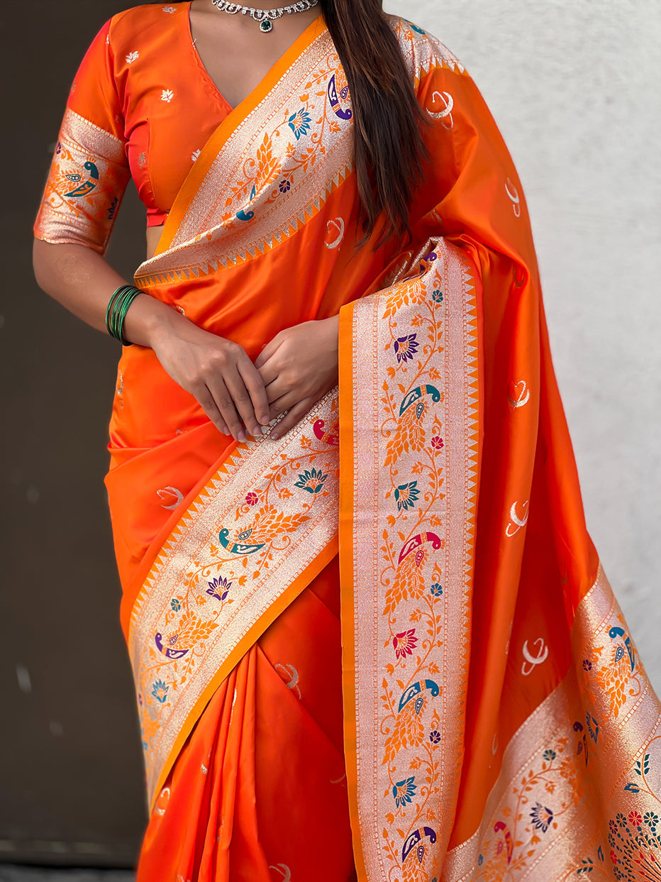 Orange Pure Chandrakor Paithani Silk Banarasi Zari Saree 