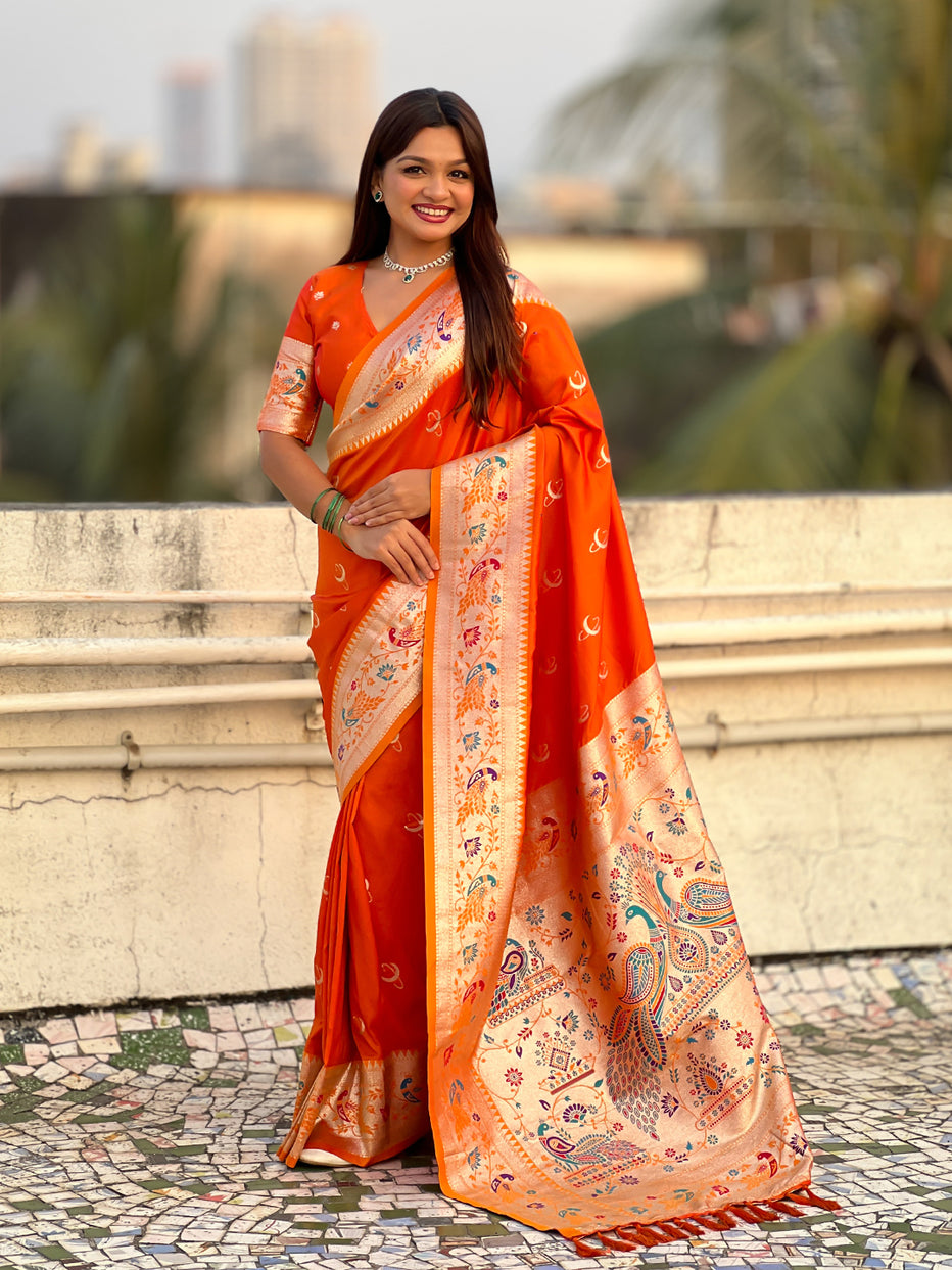 Orange Pure Chandrakor Paithani Silk Banarasi Zari Saree 