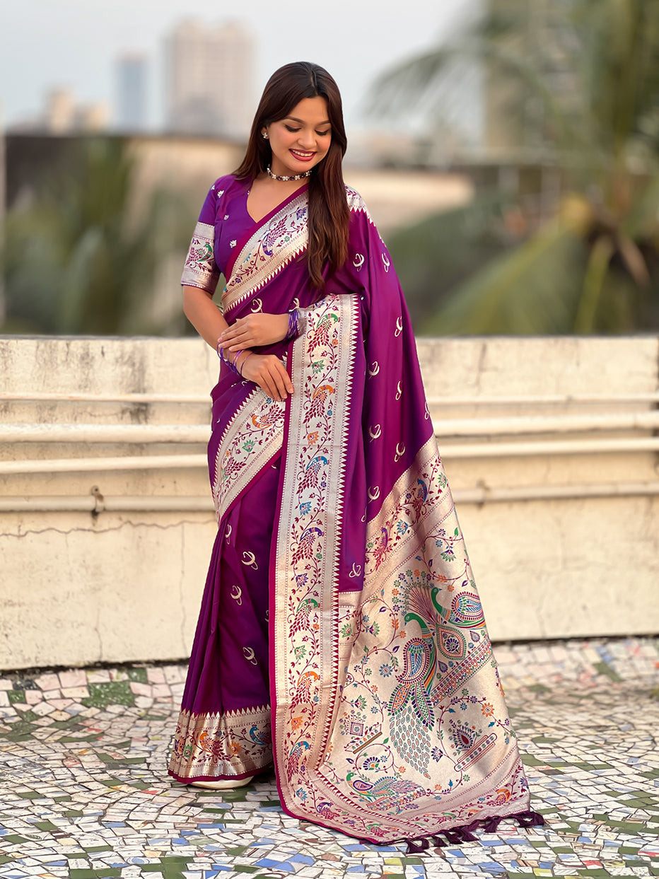 Purple Chandrakor Paithani Silk Banarasi Zari Saree ##color## Banarasi Saree with premium fabric and embroidery