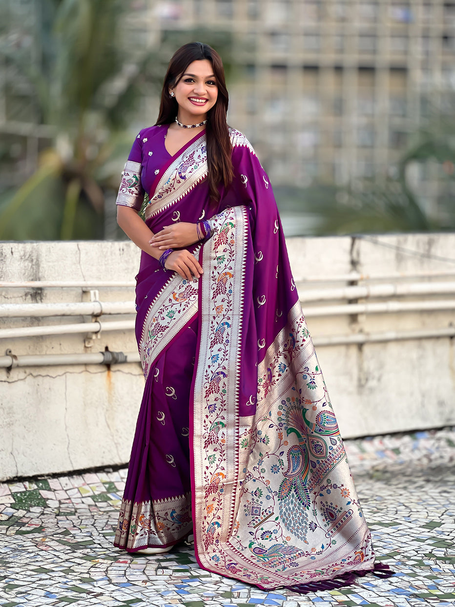 Purple Chandrakor Paithani Silk Banarasi Zari Saree 