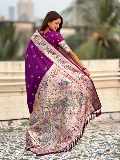 Purple Chandrakor Paithani Silk Banarasi Zari Saree 
