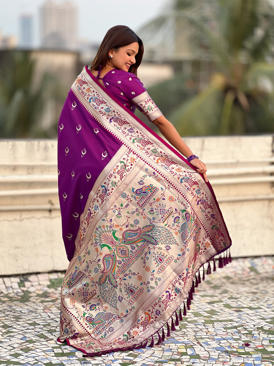 Purple Chandrakor Paithani Silk Banarasi Zari Saree ##color## Banarasi Saree with premium fabric and embroidery