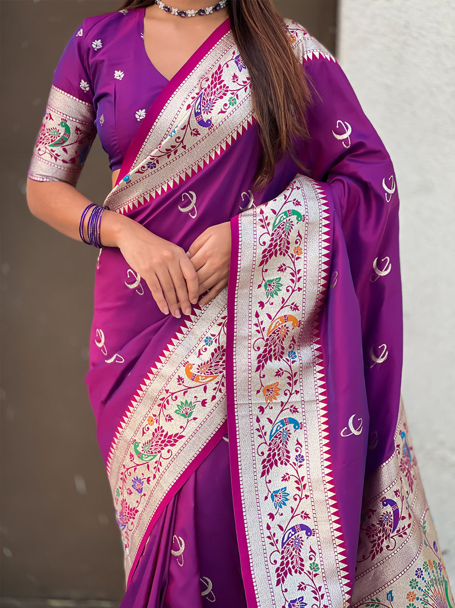 Purple Chandrakor Paithani Silk Banarasi Zari Saree ##color## Banarasi Saree with premium fabric and embroidery