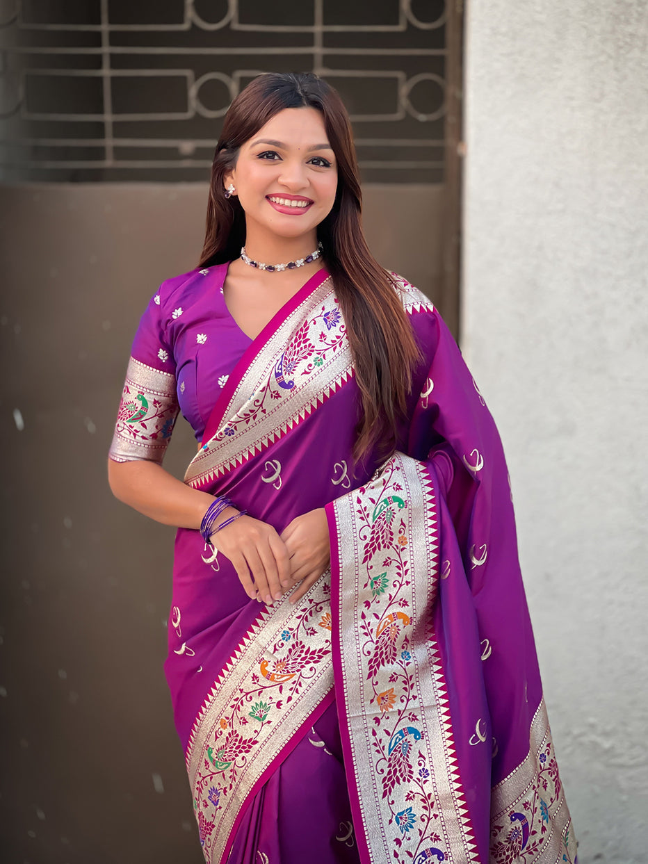 Purple Chandrakor Paithani Silk Banarasi Zari Saree 