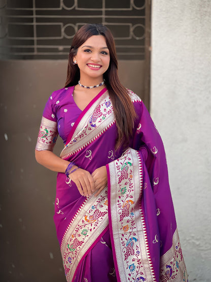 Purple Chandrakor Paithani Silk Banarasi Zari Saree 