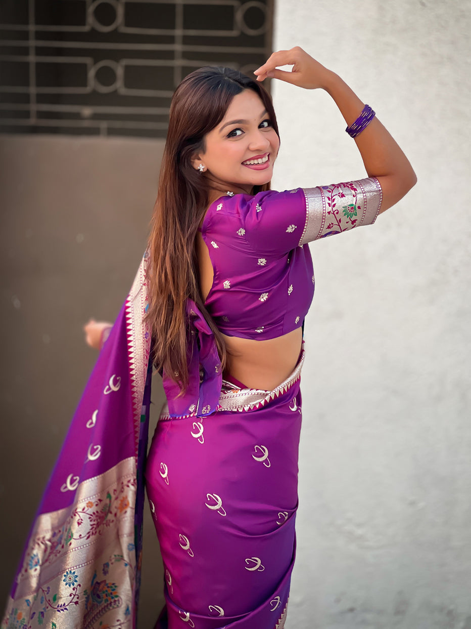 Purple Chandrakor Paithani Silk Banarasi Zari Saree ##color## Banarasi Saree with premium fabric and embroidery