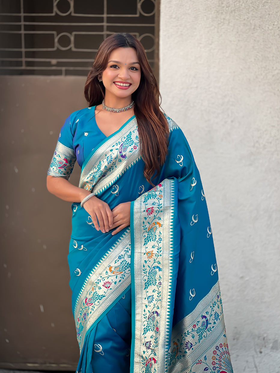 Denim Blue Pure Chandrakor Paithani Silk Banarasi Zari Saree 