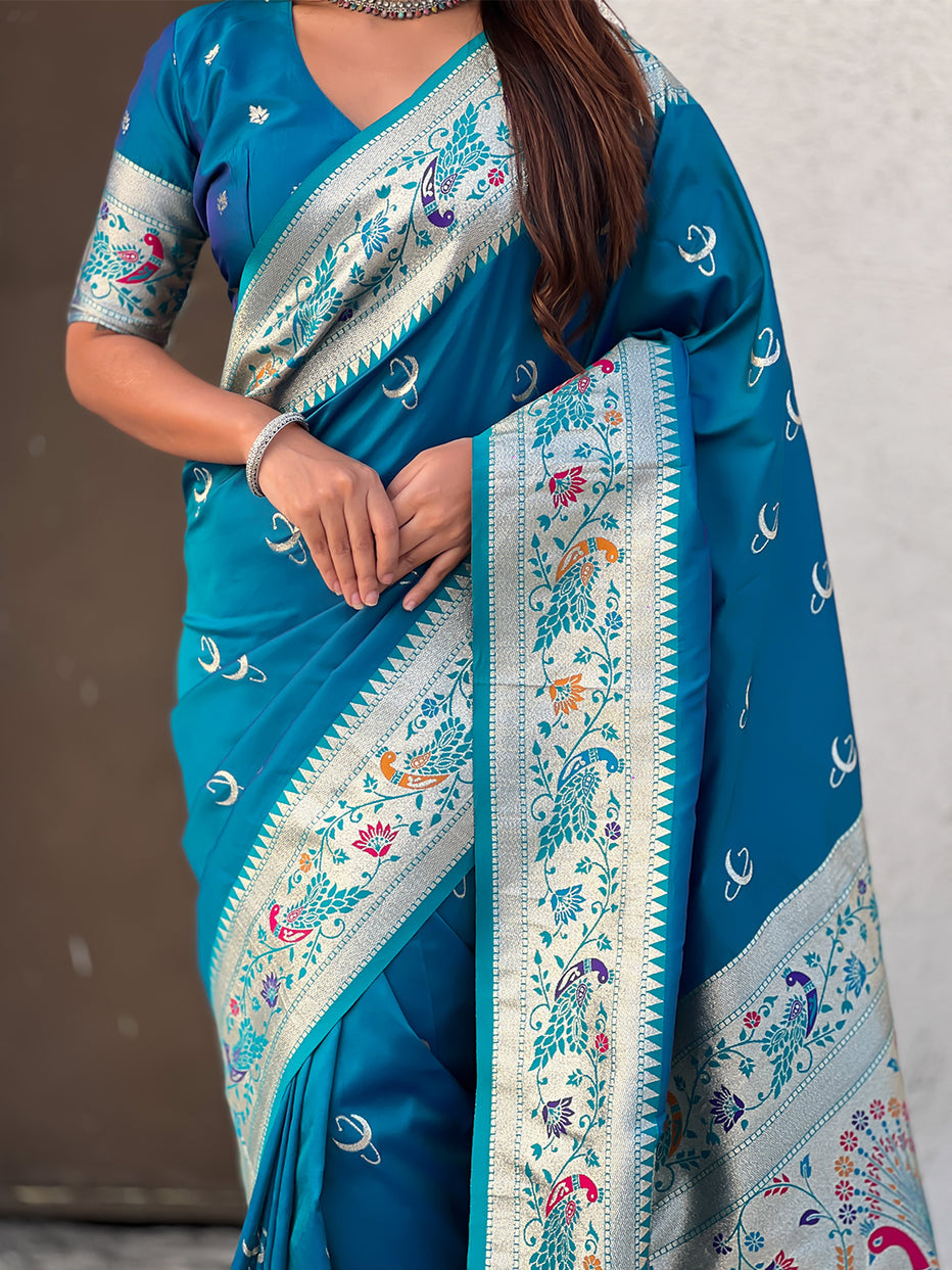 Denim Blue Pure Chandrakor Paithani Silk Banarasi Zari Saree 