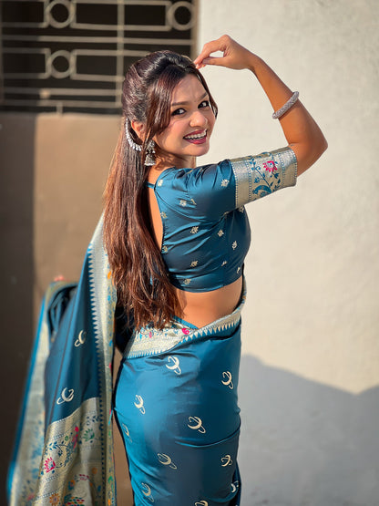 Denim Blue Pure Chandrakor Paithani Silk Banarasi Zari Saree 