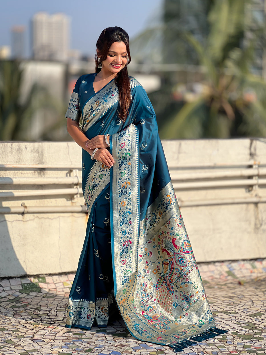 Denim Blue Pure Chandrakor Paithani Silk Banarasi Zari Saree 