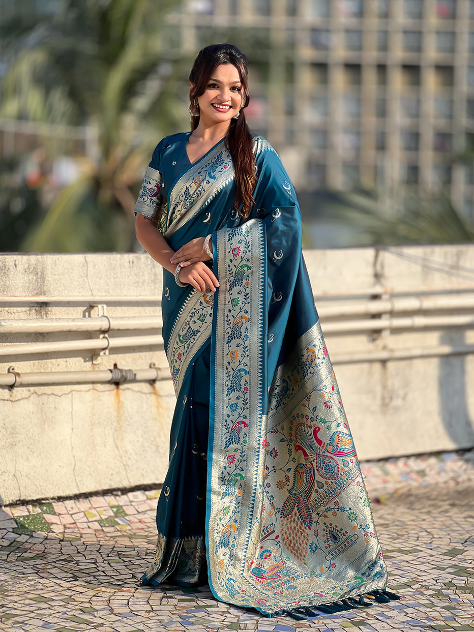 Denim Blue Pure Chandrakor Paithani Silk Banarasi Zari Saree 