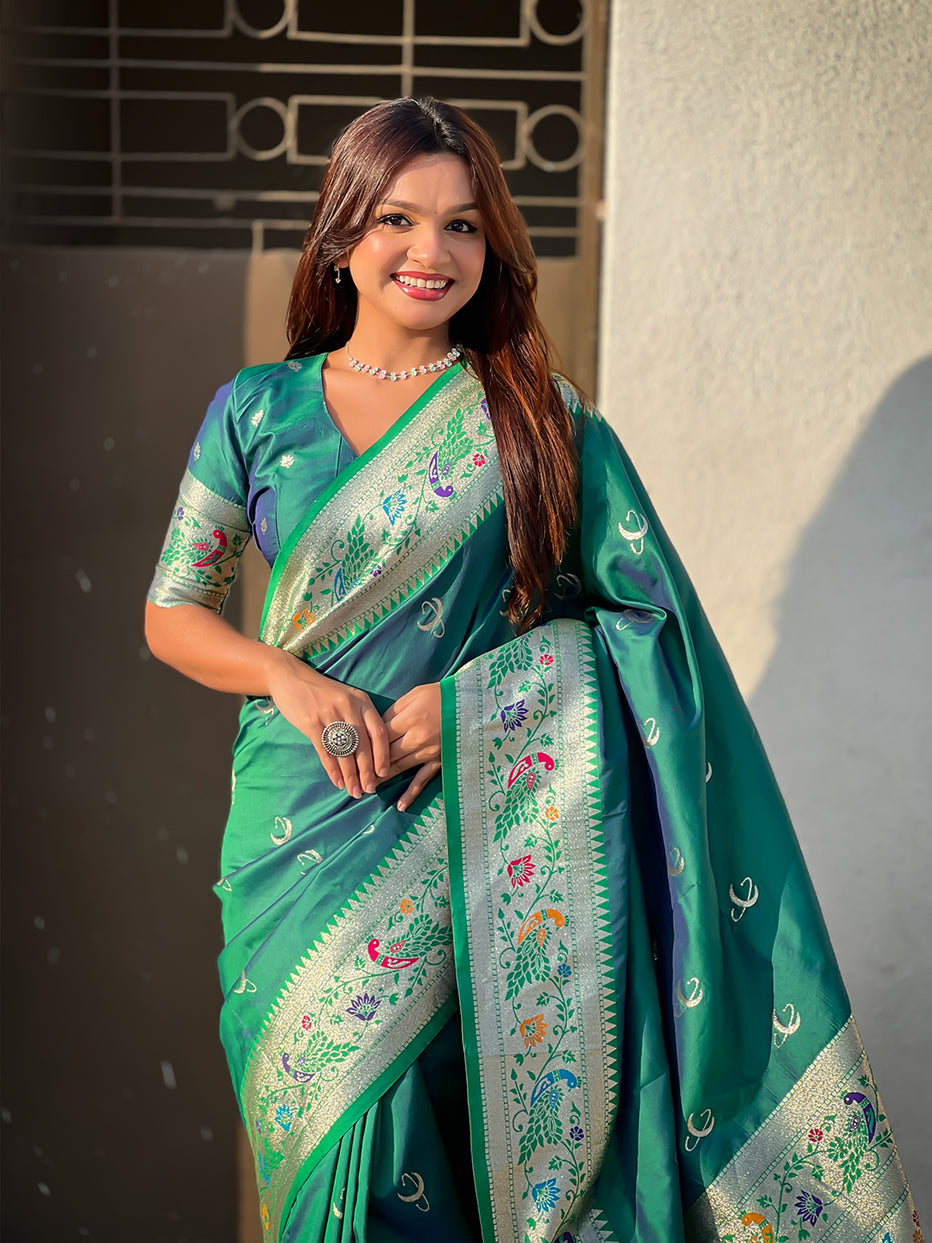 Green Pure Chandrakor Paithani Silk Banarasi Zari Saree 