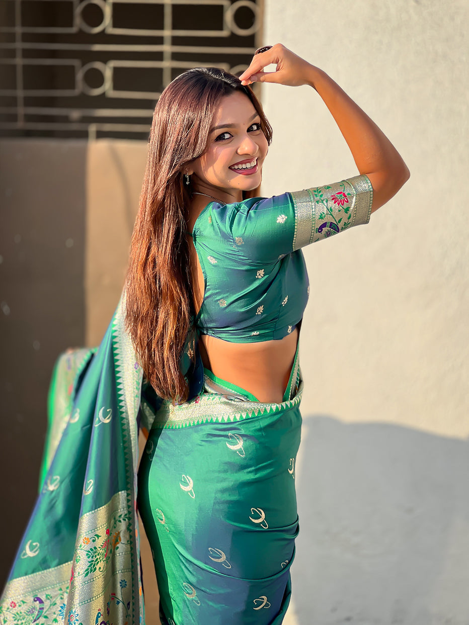 Green Pure Chandrakor Paithani Silk Banarasi Zari Saree 