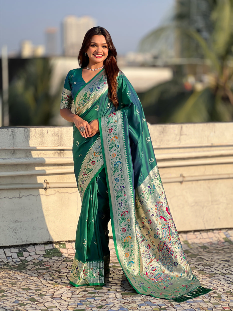 Green Pure Chandrakor Paithani Silk Banarasi Zari Saree 