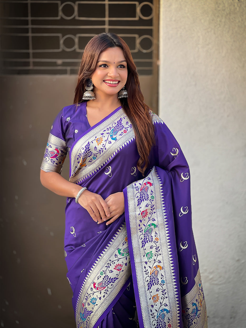 Violet Pure Chandrakor Paithani Silk Banarasi Zari Saree 