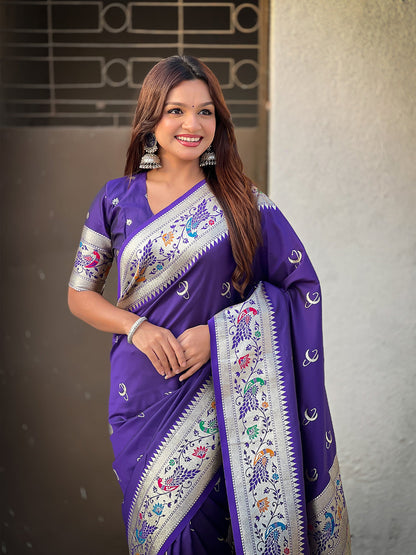 Violet Pure Chandrakor Paithani Silk Banarasi Zari Saree 