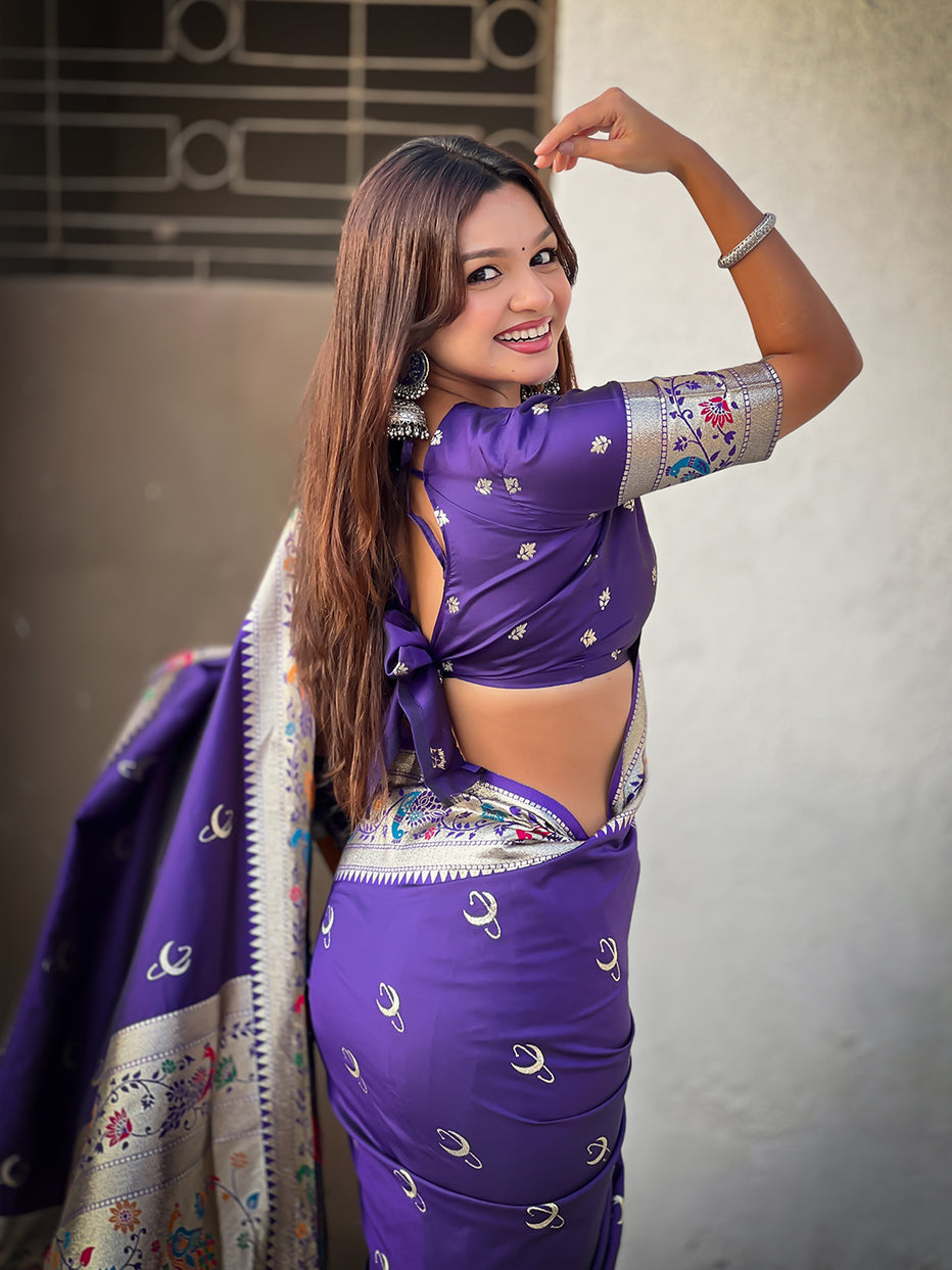 Violet Pure Chandrakor Paithani Silk Banarasi Zari Saree 