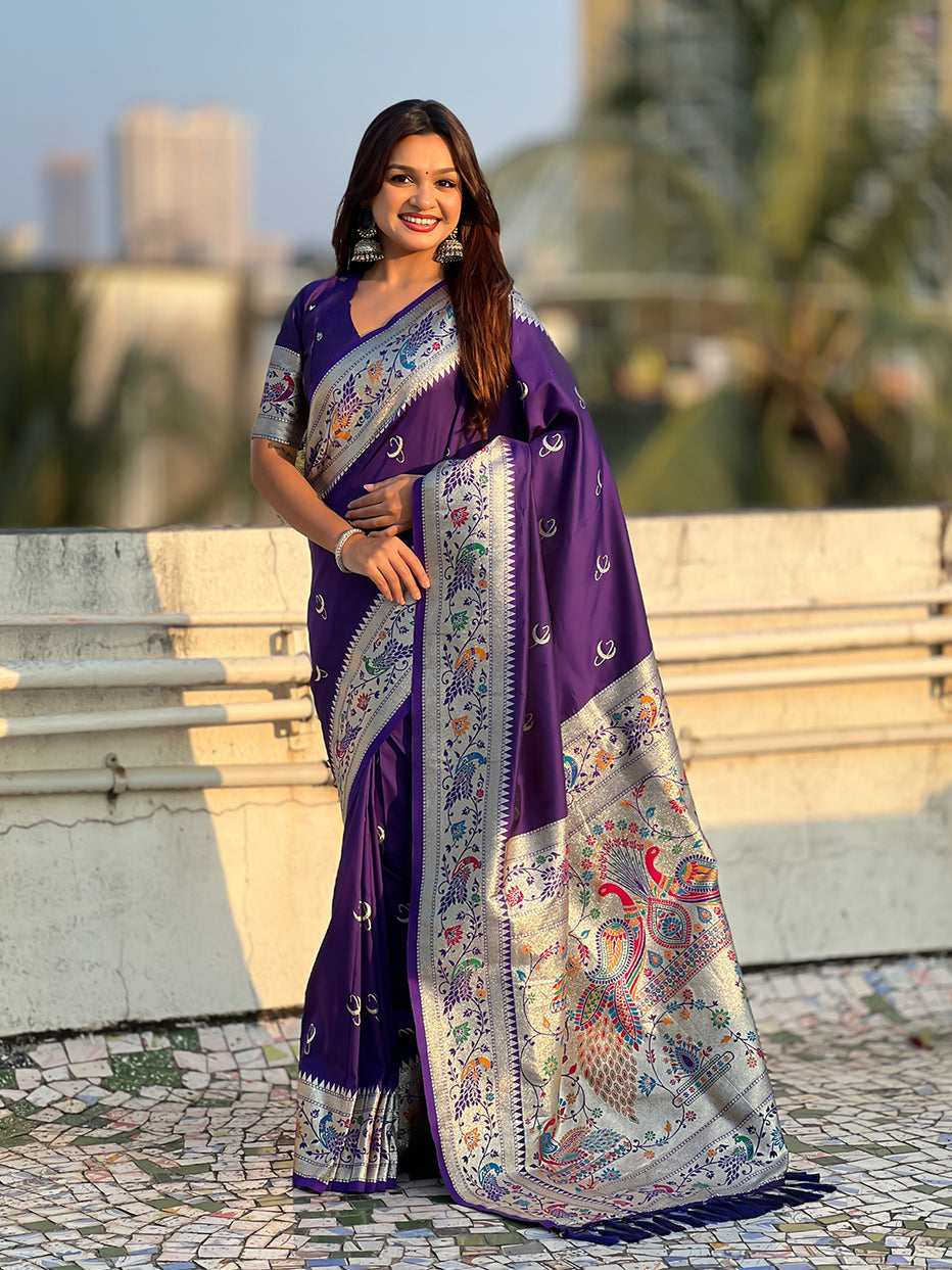 Violet Pure Chandrakor Paithani Silk Banarasi Zari Saree 