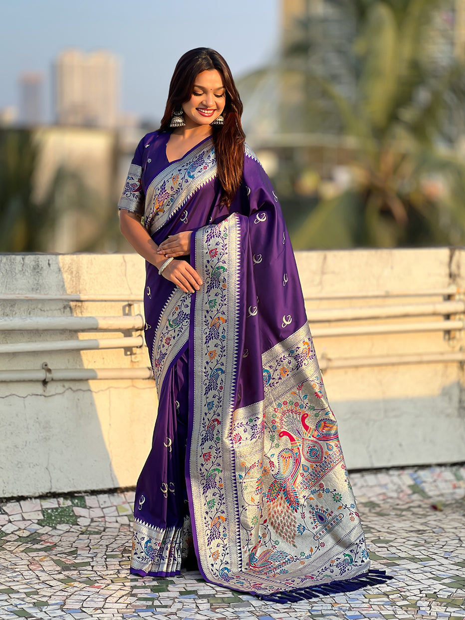 Violet Pure Chandrakor Paithani Silk Banarasi Zari Saree 