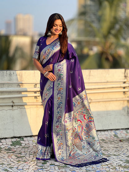 Violet Pure Chandrakor Paithani Silk Banarasi Zari Saree 