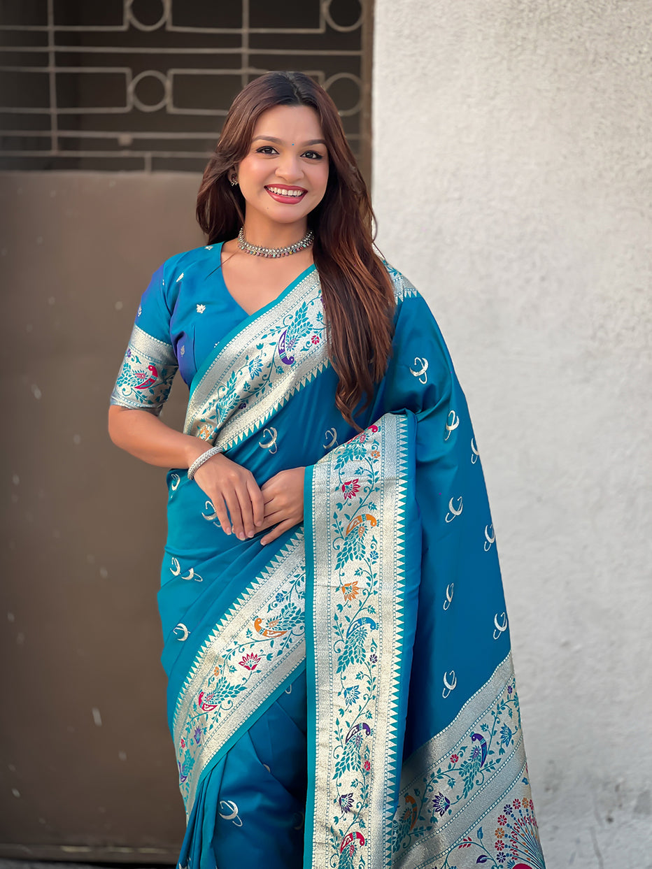 Rama Blue Pure Chandrakor Paithani Silk Banarasi Zari Saree 