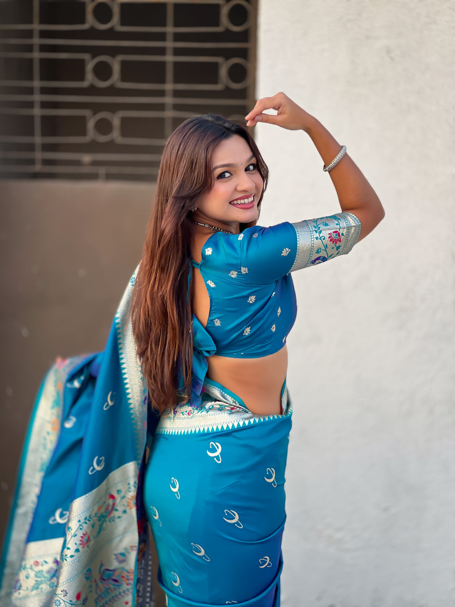 Rama Blue Pure Chandrakor Paithani Silk Banarasi Zari Saree 
