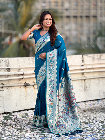 Rama Blue Pure Chandrakor Paithani Silk Banarasi Zari Saree 
