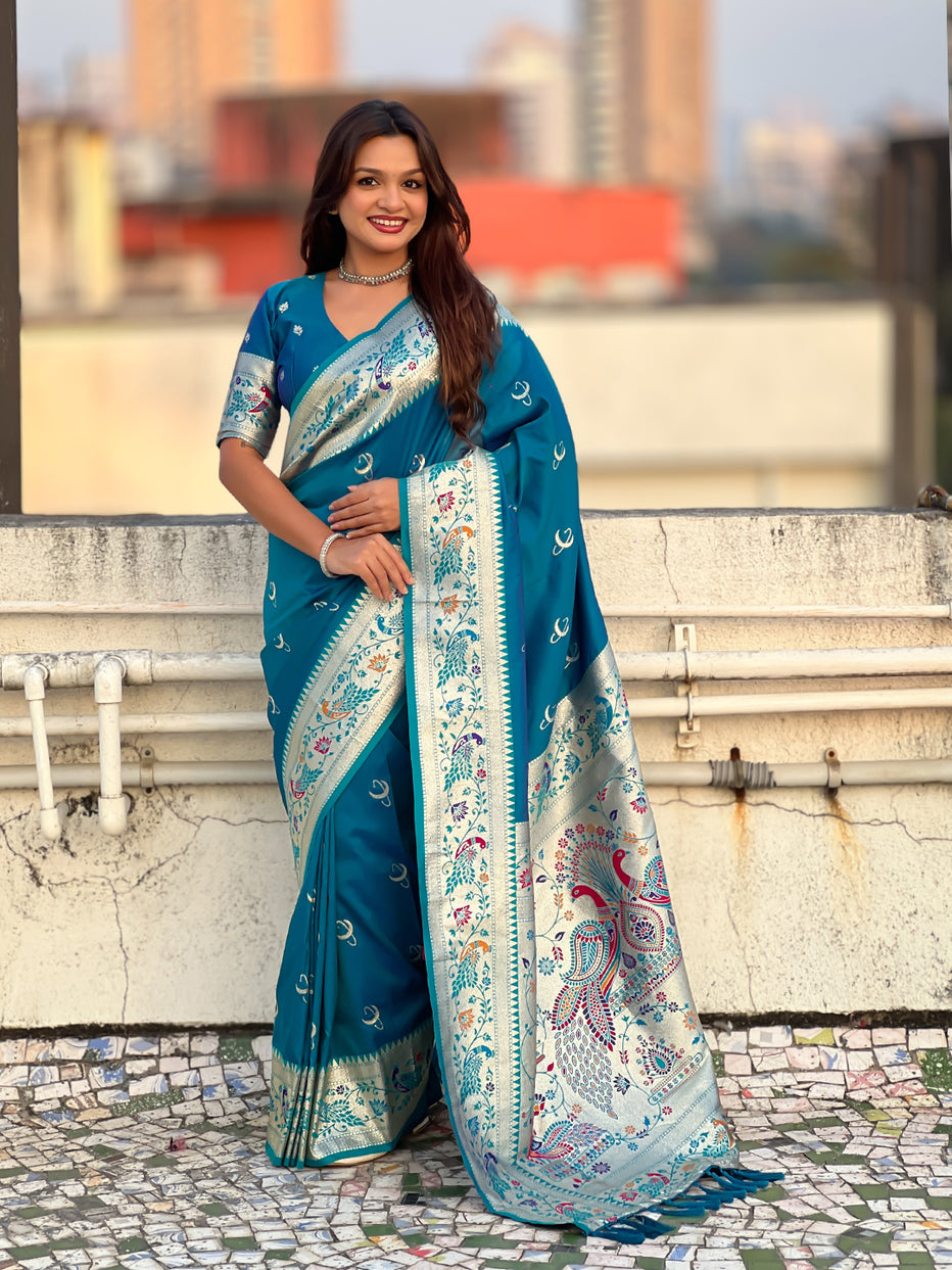 Rama Blue Pure Chandrakor Paithani Silk Banarasi Zari Saree 