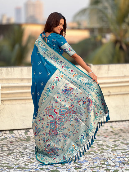 Rama Blue Pure Chandrakor Paithani Silk Banarasi Zari Saree 