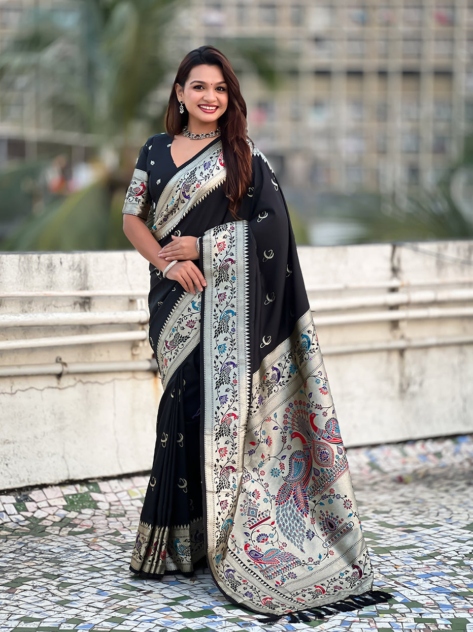 Black Pure Chandrakor Paithani Silk Banarasi Zari Saree 