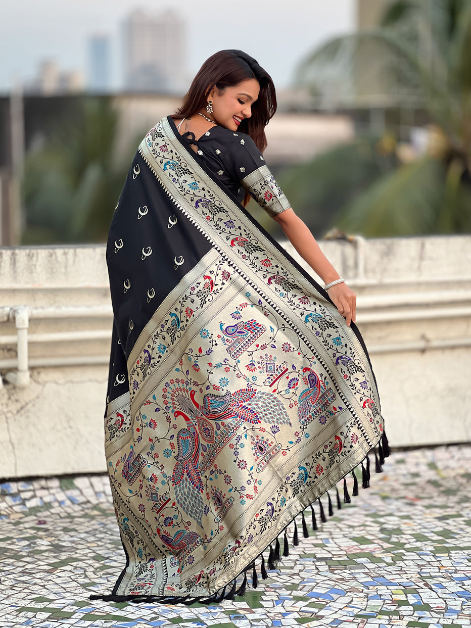 Black Pure Chandrakor Paithani Silk Banarasi Zari Saree 